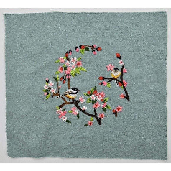 Vintage Embroidered Songbird Cherry Blossoms 10x10 Handmade‎ Fabric Textile Art - Picture 2 of 6